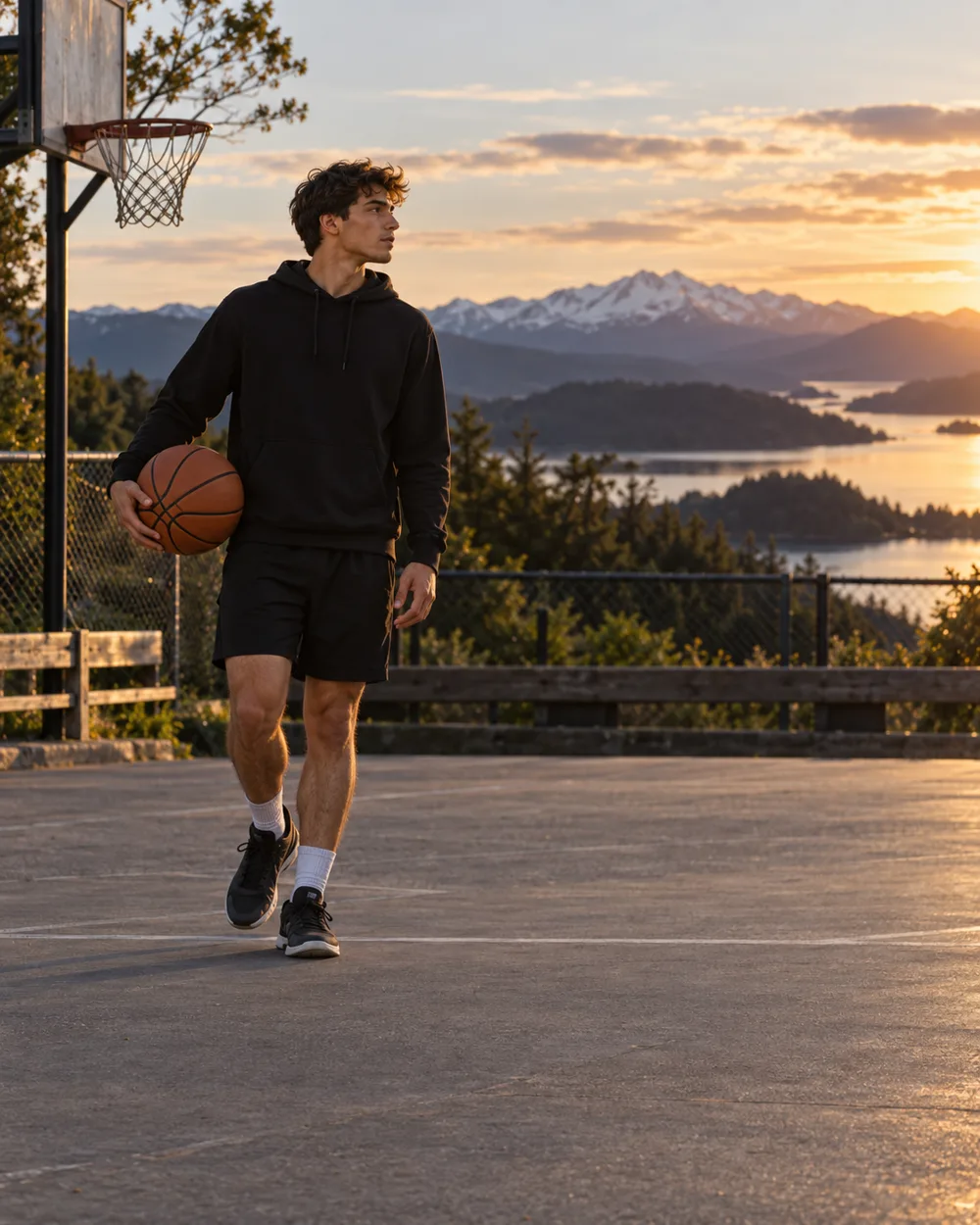 Jugador con un balón de básquetbol en una cancha frente al lago